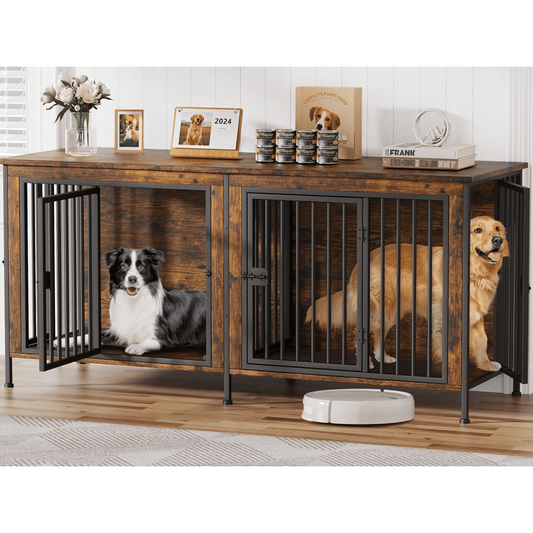 Laintene 78 Inch Dog Crate with Bowls, Heavy Duty Dog Crate Furniture for 2 Dogs, Indoor Wooden Dog Kennels for Large Dogs, Brown