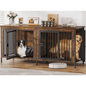 Laintene 78 Inch Dog Crate with Bowls, Heavy Duty Dog Crate Furniture for 2 Dogs, Indoor Wooden Dog Kennels for Large Dogs, Brown
