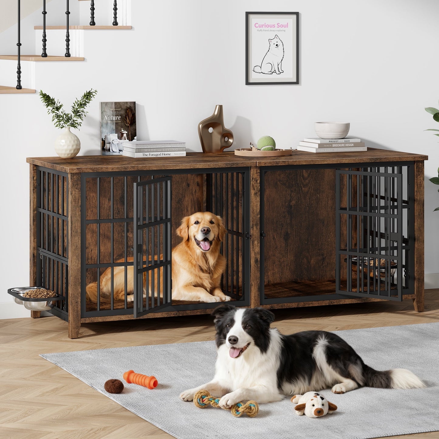 Laintene 78 Inch Dog Crate with Bowls, Heavy Duty Dog Crate Furniture for 2 Dogs, Indoor Wooden Dog Kennels for Large Dogs, Brown