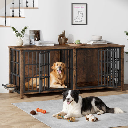 Laintene 78 Inch Dog Crate with Bowls, Heavy Duty Dog Crate Furniture for 2 Dogs, Indoor Wooden Dog Kennels for Large Dogs, Brown