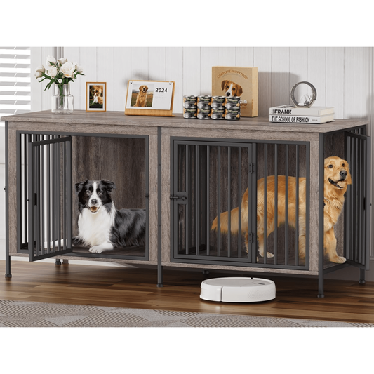 Laintene 78 Inch Dog Crate with Bowls, Heavy Duty Dog Crate Furniture for 2 Dogs, Indoor Wooden Dog Kennels for Large Dogs, Gray