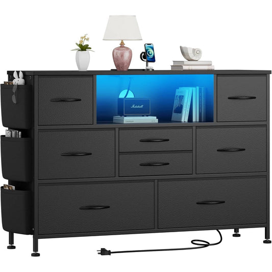 Laintene 8 Drawer Dresser, Black Dresser with Power Outlets LED Lights, Fabric Dressers for Bedroom TV Stand with Side Pocket, Chest of Drawers for up to 50" TV