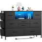 Laintene 8 Drawer Dresser, Black Dresser with Power Outlets LED Lights, Fabric Dressers for Bedroom TV Stand with Side Pocket, Chest of Drawers for up to 50" TV