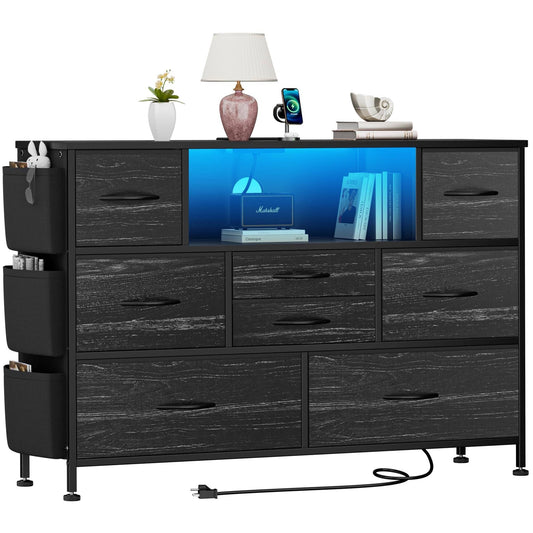 Laintene 8 Drawer Dresser, Black Dresser with Power Outlets LED Lights, Fabric Dressers for Bedroom TV Stand with Side Pocket, Chest of Drawers for up to 50" TV