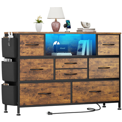 Laintene 8 Drawer Dresser, Dresser with Power Outlets LED Lights, Fabric Dressers for Bedroom TV Stand with Side Pocket, Chest of Drawers for up to 50" TV