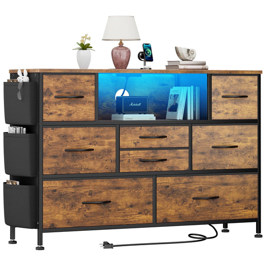 Laintene 8 Drawer Dresser, Dresser with Power Outlets LED Lights, Fabric Dressers for Bedroom TV Stand with Side Pocket, Chest of Drawers for up to 50" TV