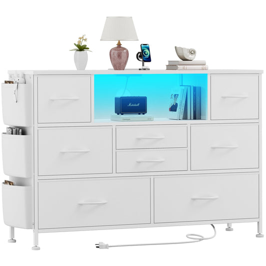 Laintene 8 Drawer Dresser, White Dresser with Power Outlets LED Lights, Fabric Dressers for Bedroom TV Stand with Side Pocket, Chest of Drawers for up to 50" TV