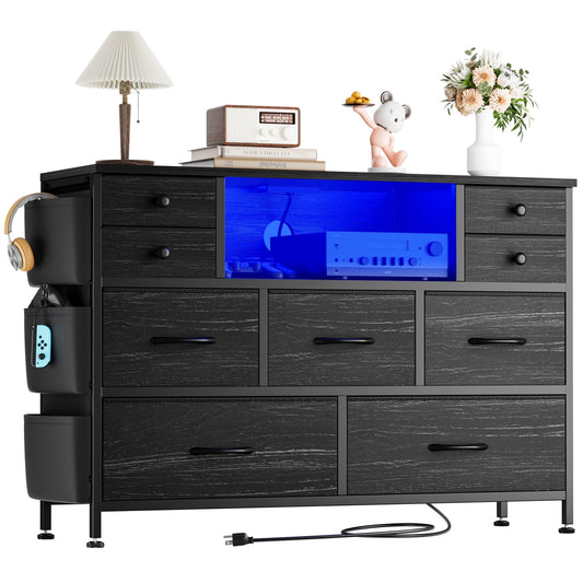 Laintene Bedroom Dresser with LED Lights, 9-Drawer Fabric Chest of Drawers, Black Dresser TV Stand with Power Outlet and Side Pocket, Wide Storage Unit for up to 50" TV