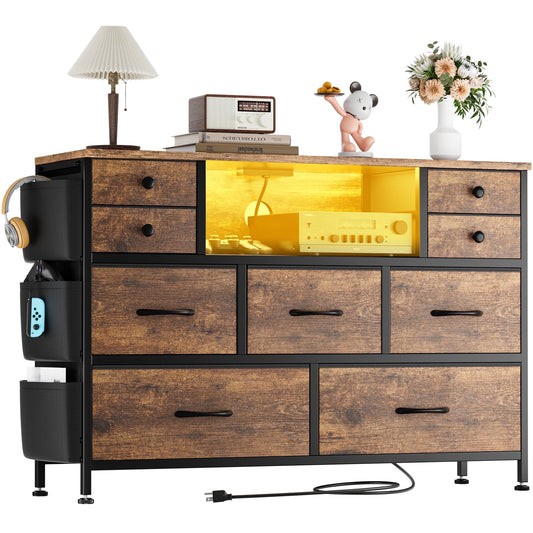 Laintene Bedroom Dresser with LED Lights, 9-Drawer Fabric Chest of Drawers, Dresser TV Stand with Power Outlet and Side Pocket, Wide Storage Unit for up to 50" TV, Brown