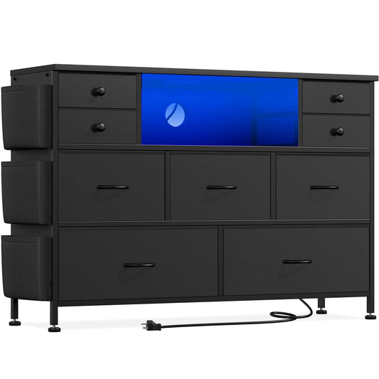 Laintene Bedroom Dresser with LED Lights, 9-Drawer Fabric Chest of Drawers, PU Black Dresser TV Stand with Power Outlet and Side Pocket, Wide Storage Unit for up to 50" TV