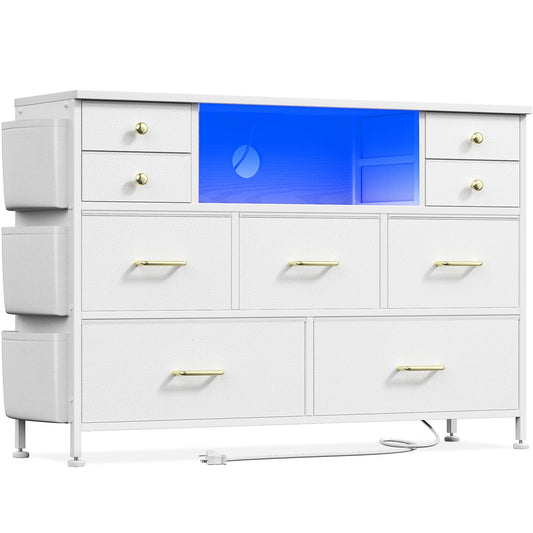 Laintene Bedroom Dresser with LED Lights, 9-Drawer Fabric Chest of Drawers, White Dresser TV Stand with Power Outlet and Side Pocket, Wide Storage Unit for up to 50" TV