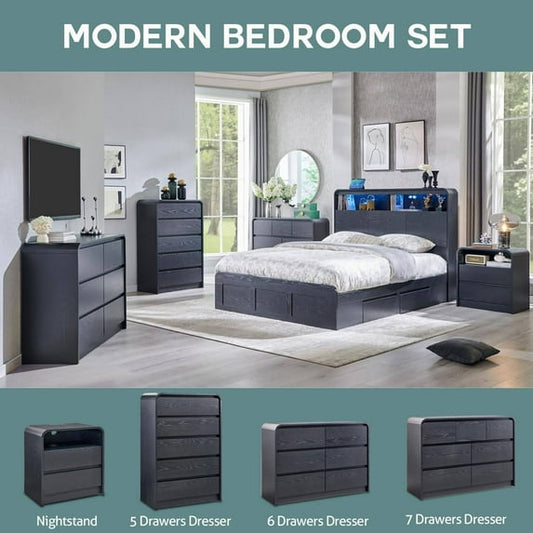 Laintene Bedroom Dresser and Nightstand 3 Piece Set - Includes Curved Double 6 Drawer Storage Dresser, Nightstand Set of 2 with Charging Station, Modern Bedroom Set, Black