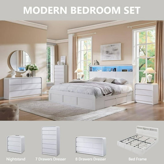 Laintene Bedroom Dresser and Nightstand 3 Piece Set - Includes Curved Double 6 Drawer Storage Dresser, Nightstand Set of 2 with Charging Station, Modern Bedroom Set, White
