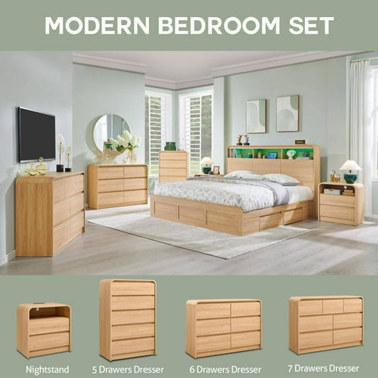 Laintene Bedroom Dresser and Nightstand 3 Piece Set - Includes Curved Double 6 Drawer Storage Dresser, Nightstand Set of 2 with Charging Station, Modern Bedroom Set, Natural