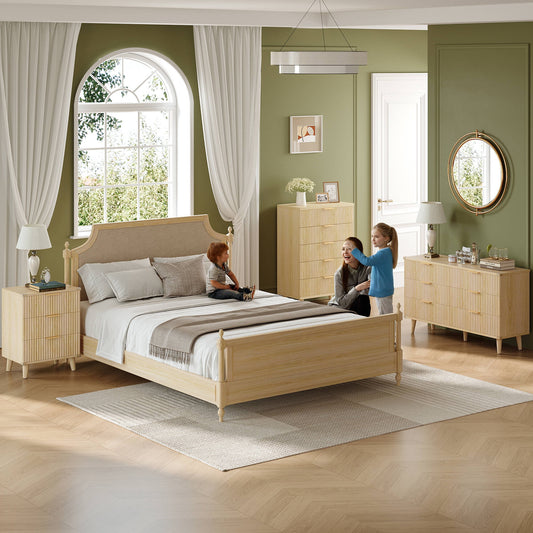 Laintene Boho Bedroom Set of 4 - 6 Drawer Dresser, 5 Drawer Vertical Dresser & 2 Nightstands with Drawer & USB Charging, Fluted Wooden Storage for Modern Bedroom, Natural