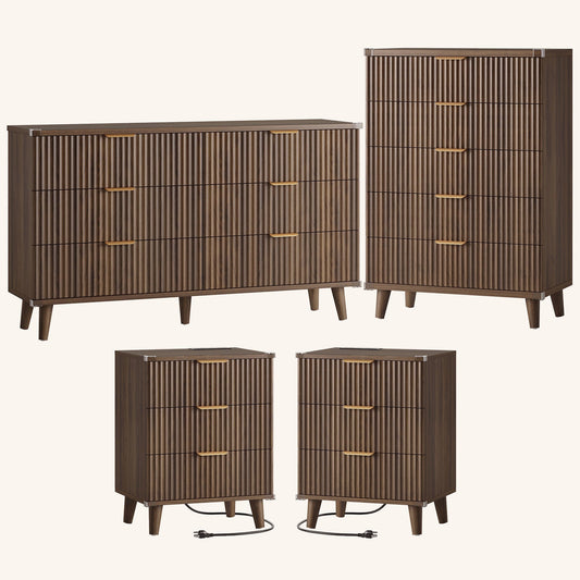 Laintene Boho Bedroom Set of 4 - 6 Drawer Dresser, 5 Drawer Vertical Dresser & 2 Nightstands with 3 Drawers & USB Charging, Fluted Wooden Storage for Modern Bedroom, Walnut