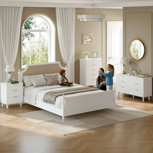 Laintene Boho Bedroom Set of 4 - 6 Drawer Dresser, 5 Drawer Vertical Dresser & 2 Nightstands with Drawer & USB Charging, Fluted Wooden Storage for Modern Bedroom, White
