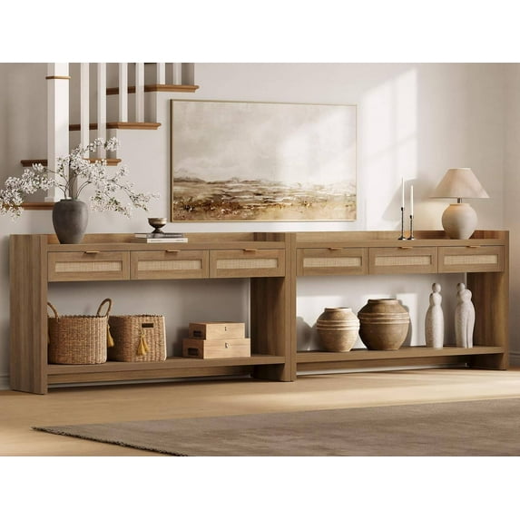 Laintene Console Table for Entryway, 51" Fluted Sofa Table with 3 Drawers and Open Shelf, Modern Narrow Display Shelf for Hallway Living Room, Gray Oak Set of 2