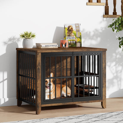Laintene Dog Crate with Bowls, Heavy Duty Wooden Dog Crate Furniture, 31" Indoor Dog Kennels for Small/Medium Dogs, Brown