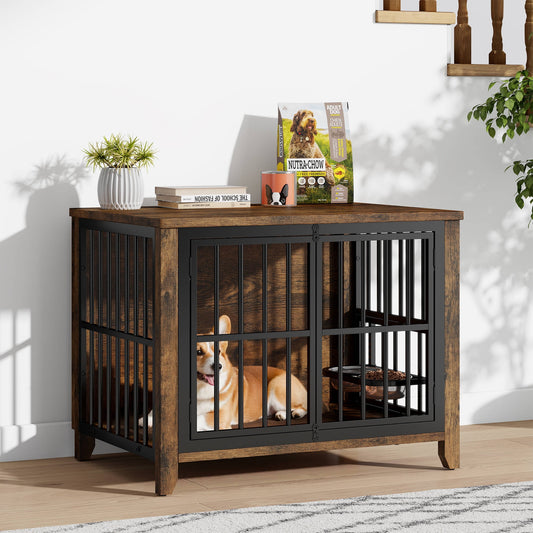 Laintene Dog Crate with Bowls, Heavy Duty Wooden Dog Crate Furniture, 31" Indoor Dog Kennels for Small/Medium Dogs, Brown
