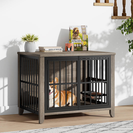 Laintene Dog Crate with Bowls, Heavy Duty Wooden Dog Crate Furniture, 31" Indoor Dog Kennels for Small/Medium Dogs, Gray