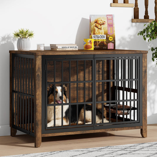 Laintene Dog Crate with Bowls, Heavy Duty Wooden Dog Crate Furniture, 37.7" Indoor Dog Kennels for Large Dogs, Brown