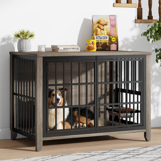 Laintene Dog Crate with Bowls, Heavy Duty Wooden Dog Crate Furniture, 37.7" Indoor Dog Kennels for Large Dogs, Gray
