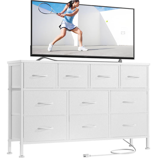 Laintene Dresser for Bedroom, TV Stand for 50" Long TV with Power Outlet, 10 Drawer Dresser for Closet, Fabric Chest of Drawers Entertainment Center for Living Room, Hallway, Entryway, White