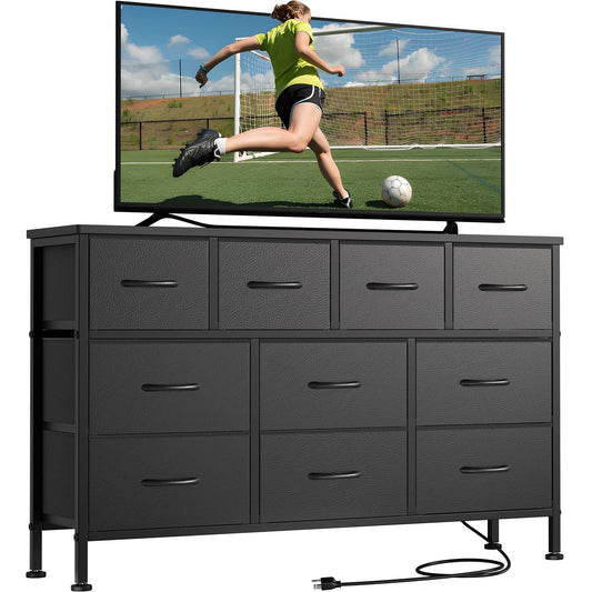 Laintene Dresser for Bedroom, TV Stand for 50" Long TV with Power Outlet, 10 Drawer Dresser for Closet, Fabric Chest of Drawers Entertainment Center for Living Room, Hallway, Entryway, PU Black