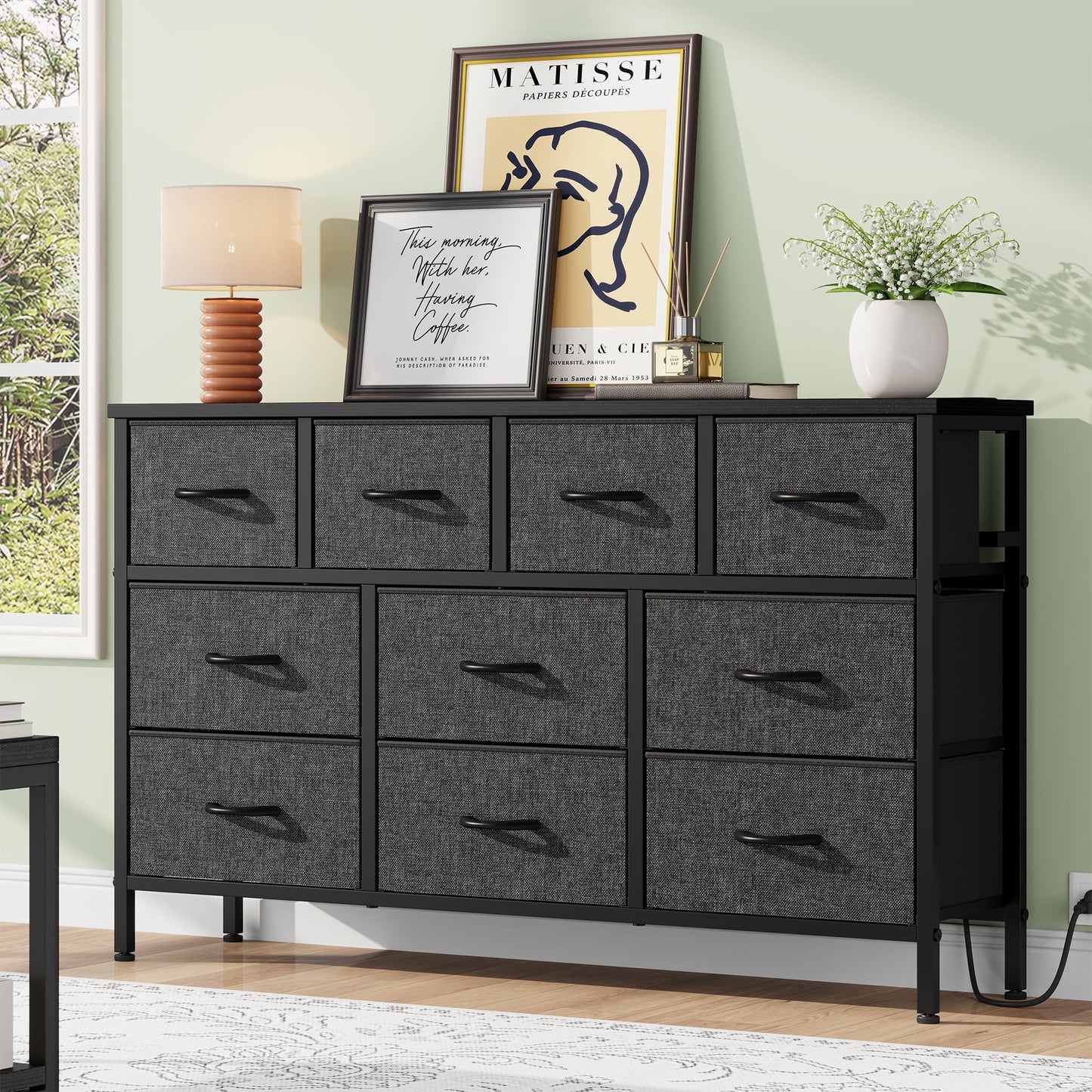 Laintene Dresser for Bedroom, TV Stand for 50" Long TV with Power Outlet, 10 Drawer Dresser for Closet, Fabric Chest of Drawers Entertainment Center for Living Room, Hallway, Entryway, Gray