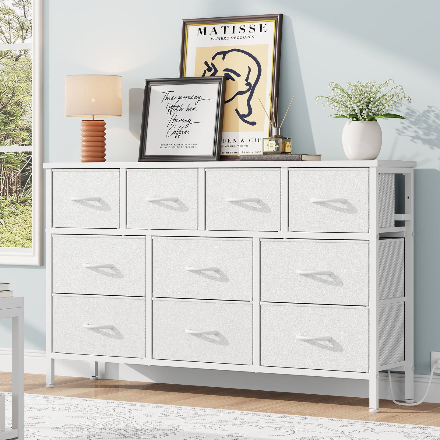 Laintene Dresser for Bedroom, TV Stand for 50" Long TV with Power Outlet, 10 Drawer Dresser for Closet, Fabric Chest of Drawers Entertainment Center for Living Room, Hallway, Entryway, White