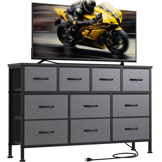 Laintene Dresser for Bedroom, TV Stand for 50" Long TV with Power Outlet, 10 Drawer Dresser for Closet, Fabric Chest of Drawers Entertainment Center for Living Room, Hallway, Entryway, Gray