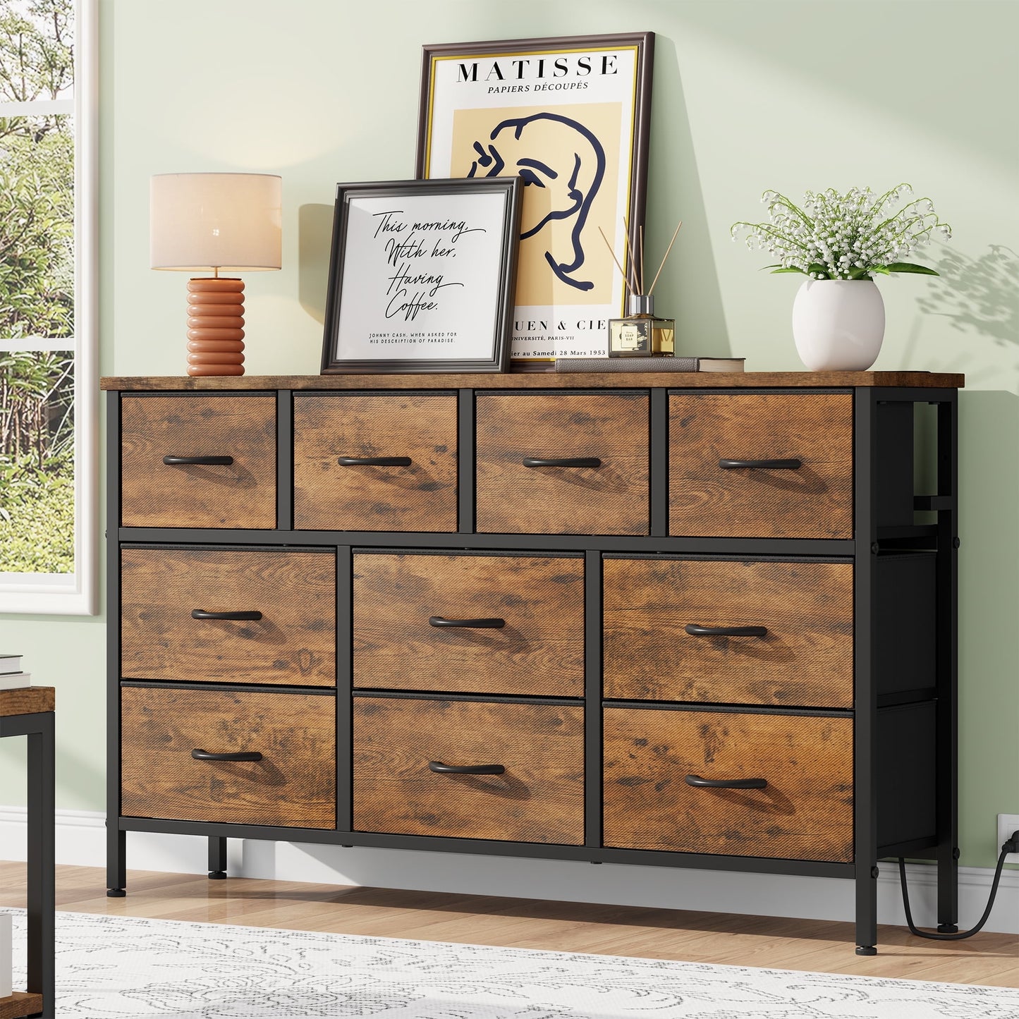 Laintene Dresser for Bedroom, TV Stand for 55" Long TV with Power Outlet, 10 Drawer Dresser for Closet, Fabric Chest of Drawers Entertainment Center for Living Room, Hallway, Entryway, Brown