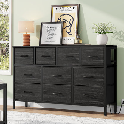 Laintene Dresser for Bedroom, TV Stand for 50" Long TV with Power Outlet, 10 Drawer Dresser for Closet, Fabric Chest of Drawers Entertainment Center for Living Room, Hallway, Entryway, Black