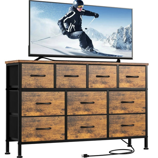 Laintene Dresser for Bedroom, TV Stand for 55" Long TV with Power Outlet, 10 Drawer Dresser for Closet, Fabric Chest of Drawers Entertainment Center for Living Room, Hallway, Entryway, Brown