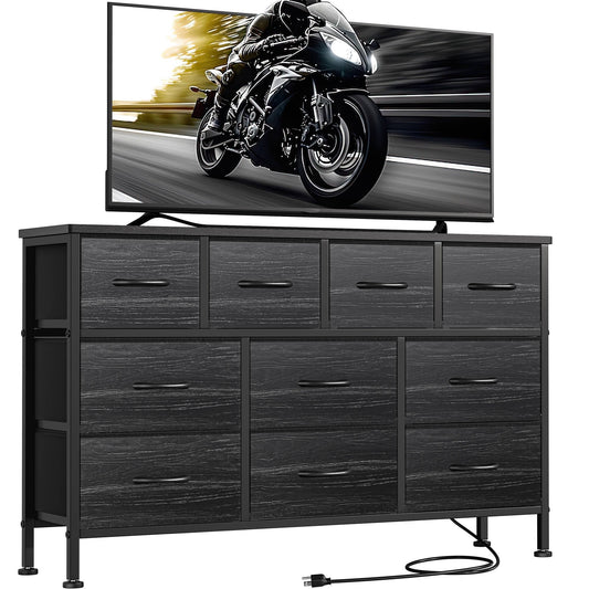 Laintene Dresser for Bedroom, TV Stand for 50" Long TV with Power Outlet, 10 Drawer Dresser for Closet, Fabric Chest of Drawers Entertainment Center for Living Room, Hallway, Entryway, Black