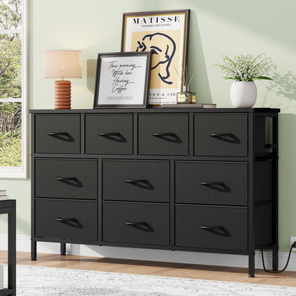 Laintene Dresser for Bedroom, TV Stand for 50" Long TV with Power Outlet, 10 Drawer Dresser for Closet, Fabric Chest of Drawers Entertainment Center for Living Room, Hallway, Entryway, PU Black