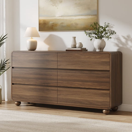 Laintene Dressers for Bedroom, 53" Wide 6 Drawer Dresser, Wood Bedroom Dresser with Curved Profile, Modern Storage Dresser Chest of Drawers for Bedroom, Walnut