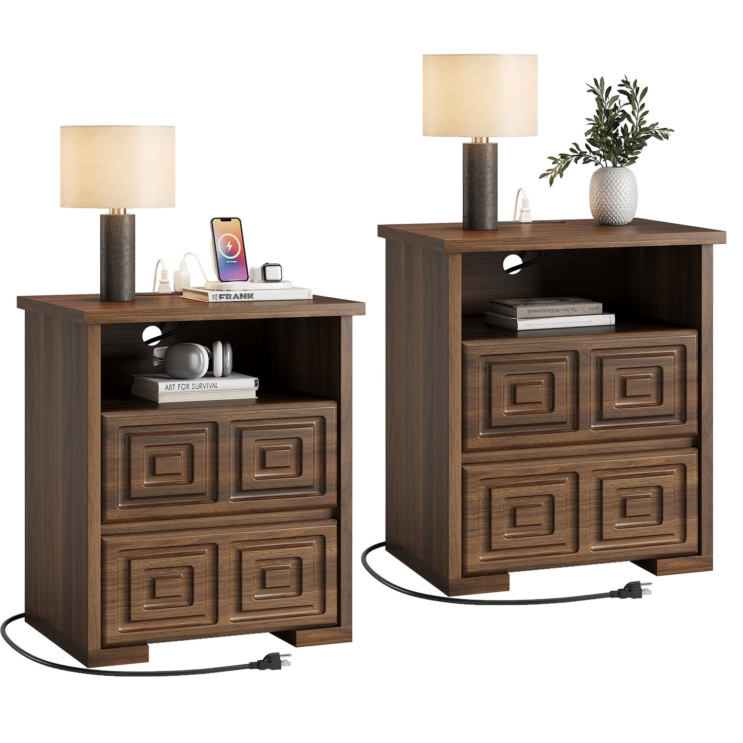 Laintene Nightstand Set of 2, Farmhouse Bedside Table for Bedroom, Wood End Table with Charging Station & Open Shelf for Living Room, Walnut