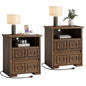 Laintene Nightstand Set of 2, Farmhouse Bedside Table for Bedroom, Wood End Table with Charging Station & Open Shelf for Living Room, Walnut