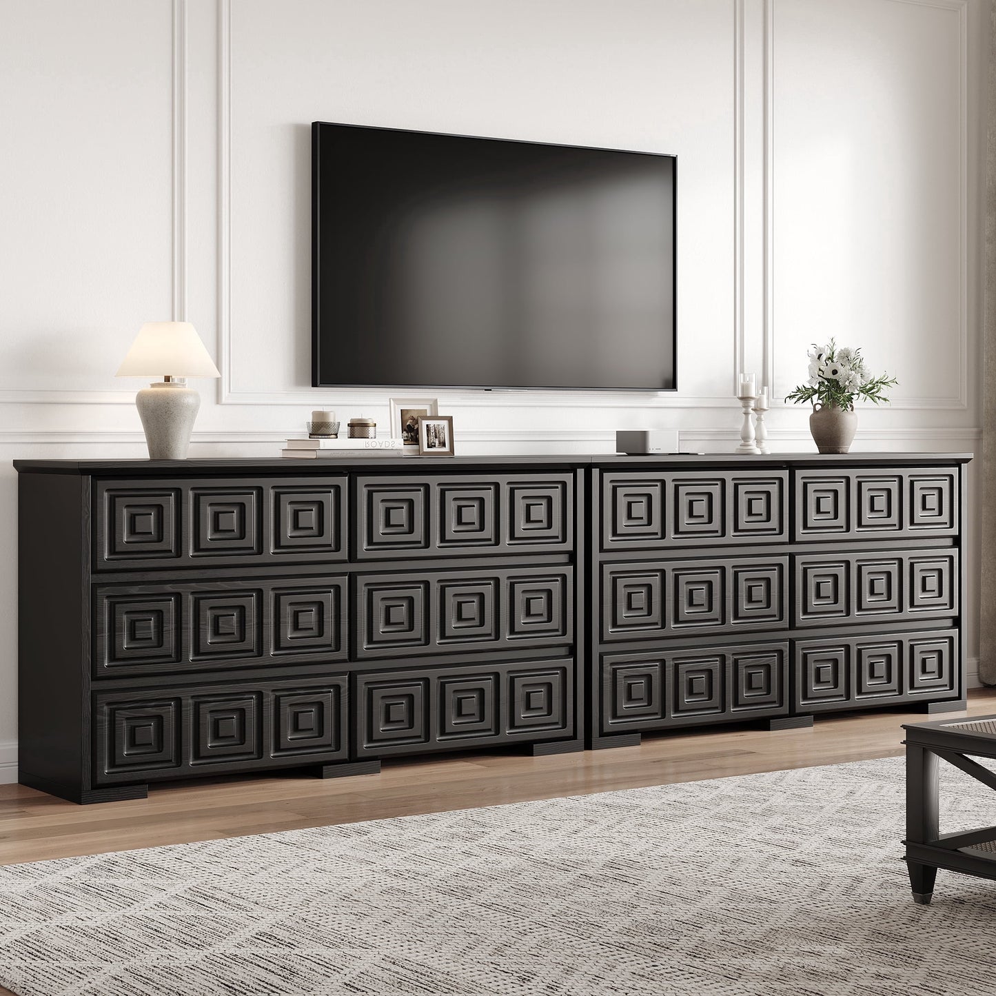 LainTene Farmhouse 6 Drawer Dresser Set of 2 for Bedroom, 54" Wide Black Wood Dressers with Carved Panel, Rustic Vintage Storage Cabinet