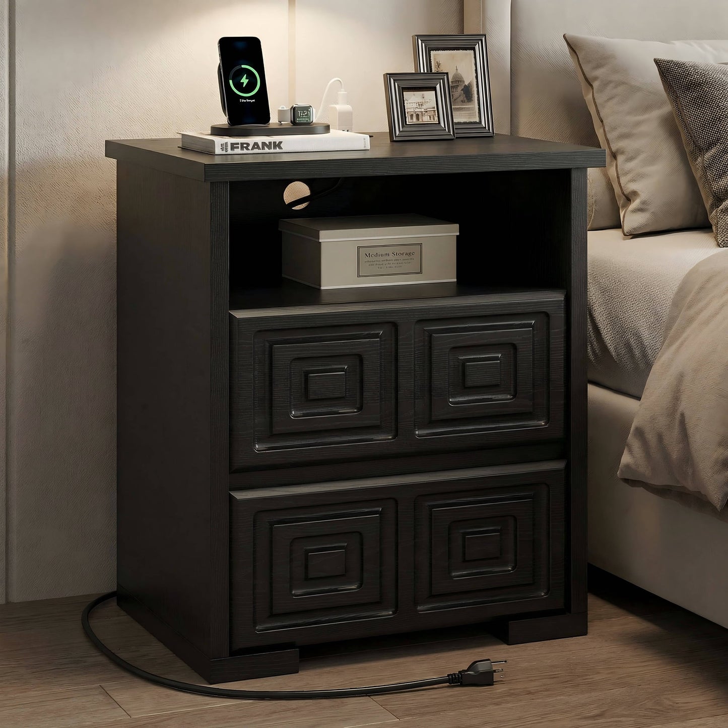 Laintene Farmhouse Nightstand with Charging Station, Wood Nightstand with 2 Drawers & Open Shelf, Bedside Table for Bedroom or Living Room, Black