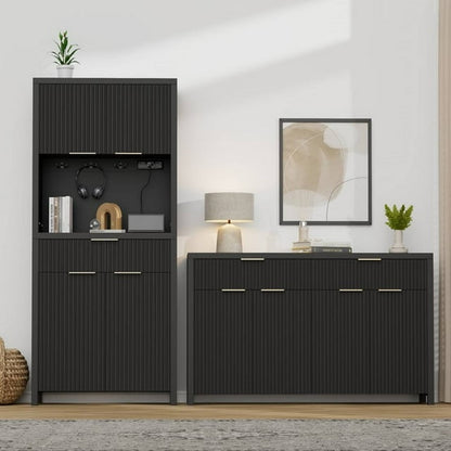 Laintene Fluted Cabinet Set - 70.8"H Pantry with Power Outlet, 55" L Sideboard with Storage Drawers, Adjustable Shelves Storage, Black