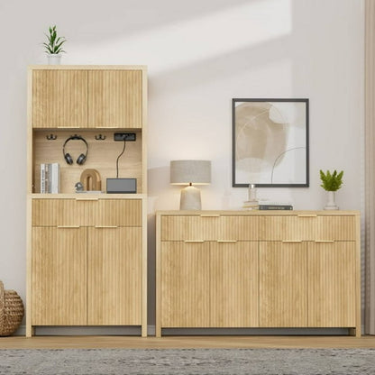 Laintene Fluted Cabinet Set - 70.8"H Pantry with Power Outlet, 55" L Sideboard with Storage Drawers, Adjustable Shelves Storage, Natural Oak