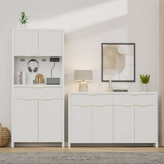 Laintene Fluted Cabinet Set - 70.8"H Pantry with Power Outlet, 55" L Sideboard with Storage Drawers, Adjustable Shelves Storage, White