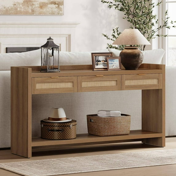 Laintene Fluted Console Table, 51" Narrow Entryway Table with 3 Drawers, Console Table Sofa Table with Storage Open Shelf, Modern Display Shelf for Hallway Living Room, Gray Oak