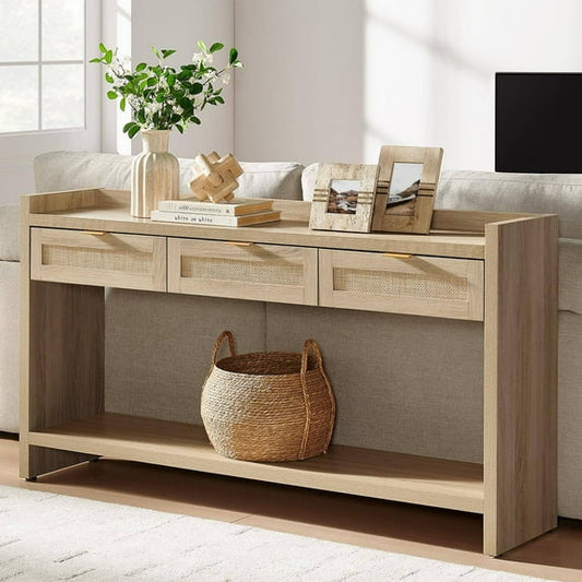 Laintene Fluted Console Table, 51" Narrow Entryway Table with 3 Drawers, Console Table Sofa Table with Storage Open Shelf, Modern Display Shelf for Hallway Living Room, White Oak