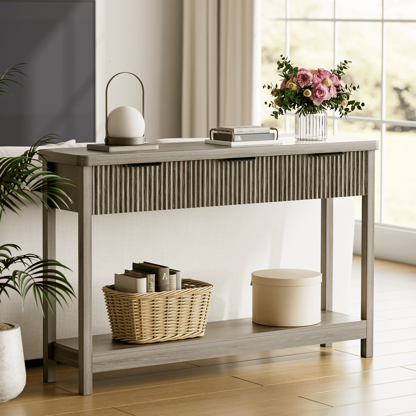 Laintene Fluted Console Table, 51" Narrow Entryway Table with 3 Drawers, Console Table Sofa Table with Storage Open Shelf, Modern Display Shelf for Hallway Living Room, Gray Oak