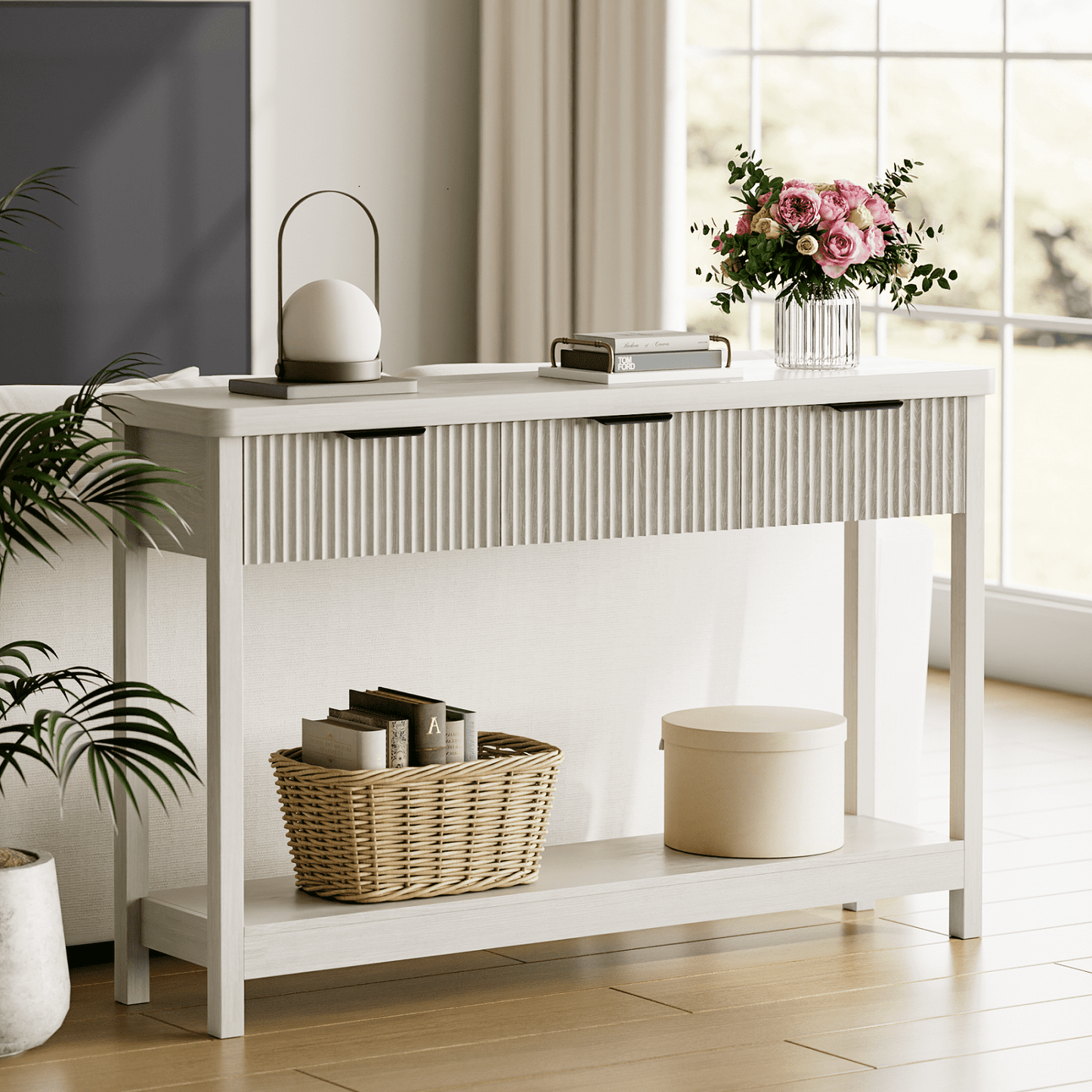 Laintene Fluted Console Table, 51" Narrow Entryway Table with 3 Drawers, Console Table Sofa Table with Storage Open Shelf, Modern Display Shelf for Hallway Living Room, White Oak