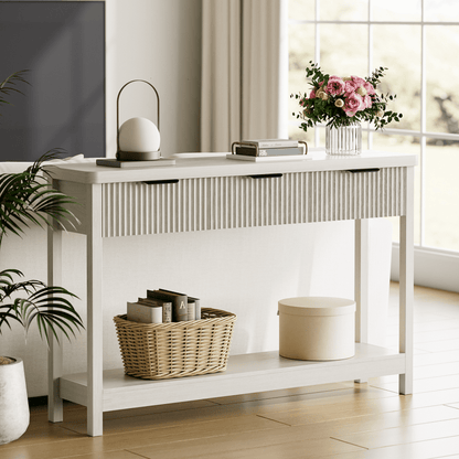 Laintene Fluted Console Table, 51" Narrow Entryway Table with 3 Drawers, Console Table Sofa Table with Storage Open Shelf, Modern Display Shelf for Hallway Living Room, White Oak